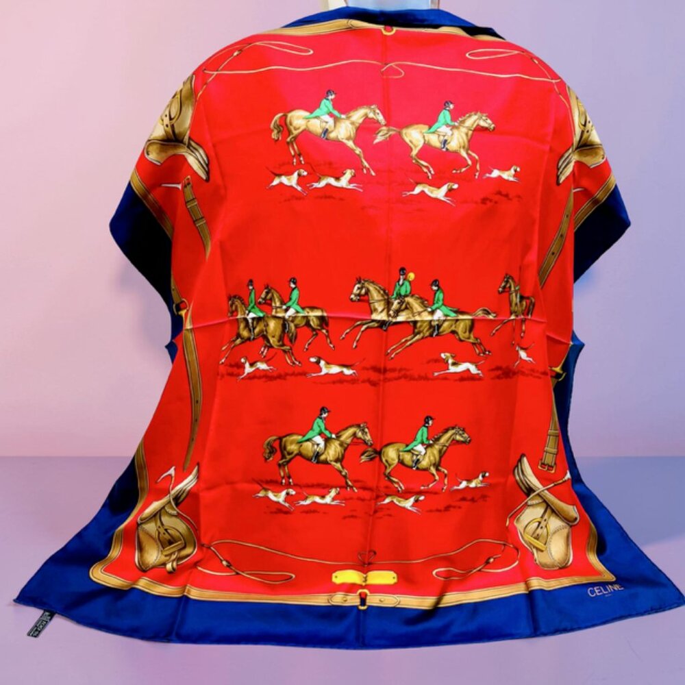 Unused-CELINE Paris 100% SilkScarf 34" x34" Red Blue Hourses Dogs Italy Made(59 - Picture 4 of 15